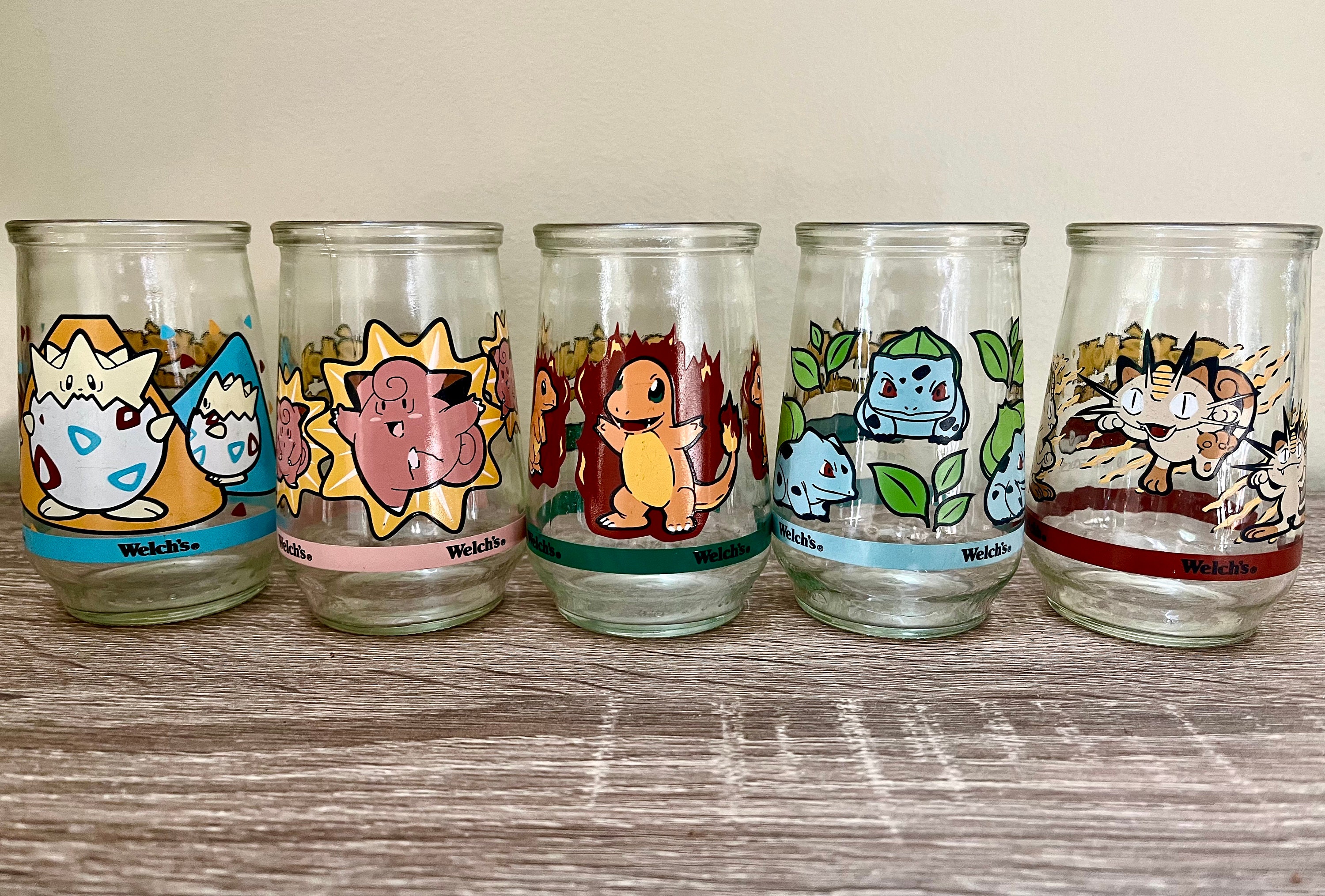 Welch's ポケモン ガラス3種セット Welch's Pokemon Jelly Jar Juice Glasses. Bulbasaur 01, Meowth 52