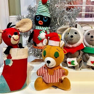 Dakin dream pets Japan. mouse in stocking, penguin, teddy bear, mice. Dakin & Co Christmas plush ornament. Dreampet.  sold separately