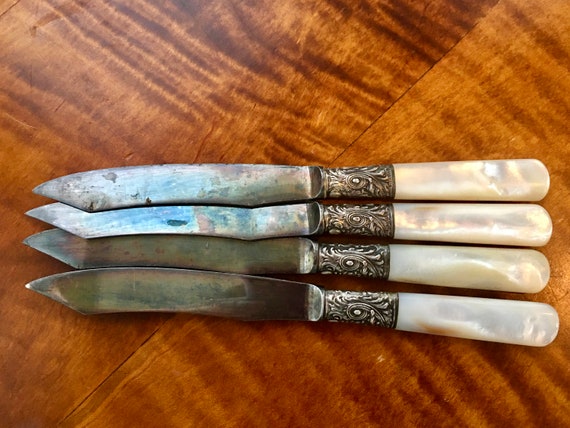 WM Rogers 12 DWT Sterling and Mother of Pearl Handle Fruit Fish Knife Set  of 4. W.M. Rogers Sterling Bolster Knives 
