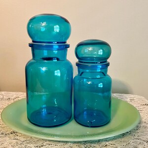 Belgium blue glass bubble lid apothecary jar set of 2. MCM glass storage bubble top canister 9&quot; & 7&quot;