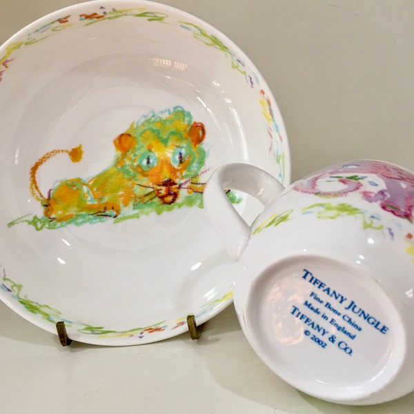 Tiffany & Co Jungle child's bowl and double handle cup. Elephant Lion Hippo Animal. fine bone china Made in England 2002. sold separately