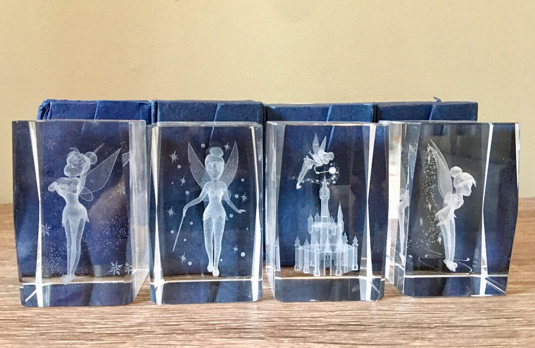 Tinkerbell Glass Paperweight. Etched Cube Crystal Paper Weight With Tinker Bell. Walt Disney