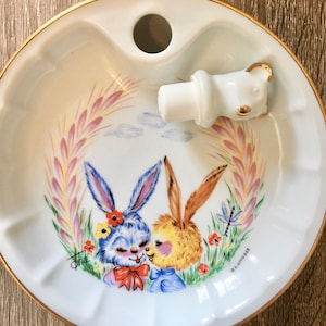 Kitschy Limoges France bunny rabbit child / baby warming bowl dish. Porcelaine De Limoges Expressely for Plummer, Ldt. GL Limoges. stopper