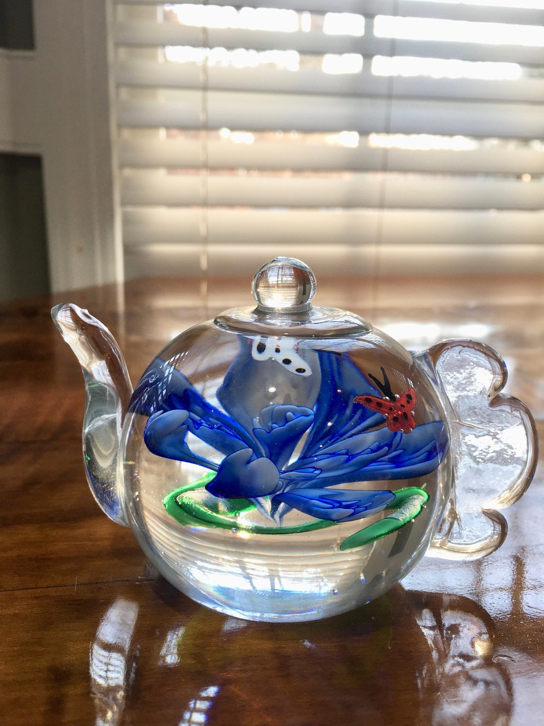 Glass Teapot With Flower and Butterflies Paperweight. Tea Pot Shaped