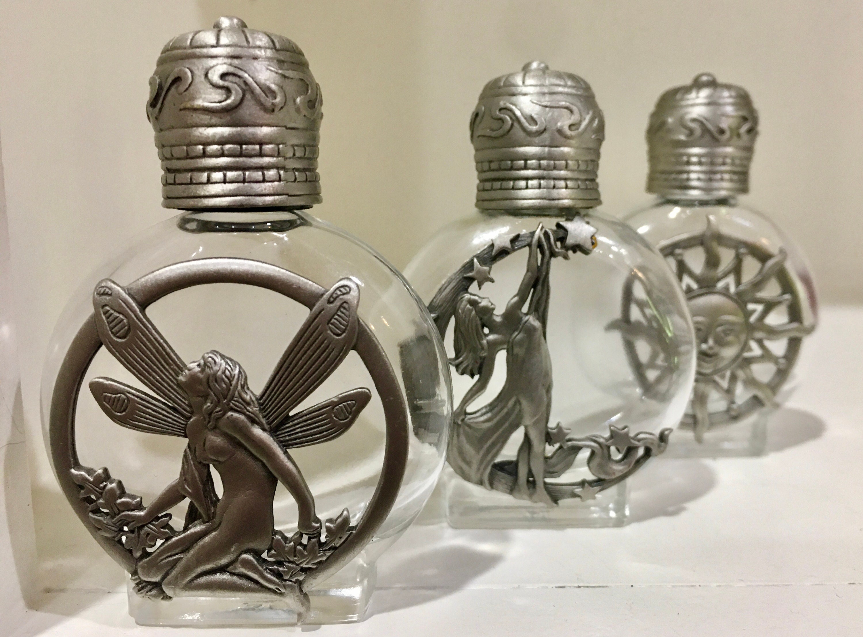 Choice JJ Jonette jewelry glass and pewter perfume Sun, fairy pixie  with wings, woman in moon and screw sold separately