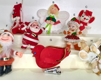 vintage flocked Christmas ornament figurine. Napco, Wolin, Japan, Santa, elf, mouse, bird, girl, angel. sold separately