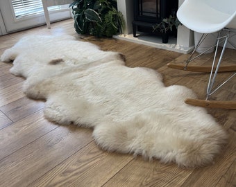 100% British Rare Breed Double Sheepskin Rug in Undyed Natural Buttermilk with Chocolate Flecks – Handmade in Somerset