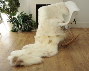 100% Undyed Rare Breed Double Sheepskin Rug in Natural Ivory with Toffee Flecks - Handmade in Somerset