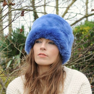Handmade Ladies Sheepskin Shearling Rosie Hat in Sapphire Blue