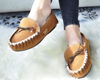 Luxury British Suede and Sheepskin Handmade Caramel Sahara Range Moccasin Slippers