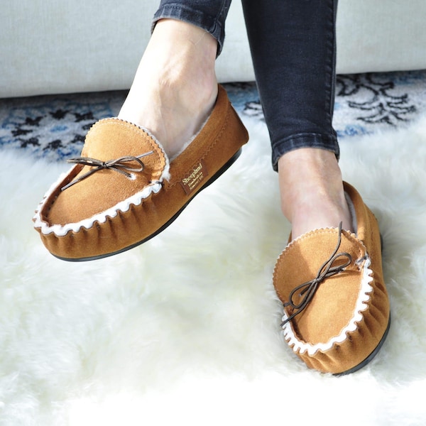 Luxury British Suede and Sheepskin Handmade Caramel Sahara Range Moccasin Slippers