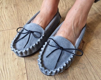 British Suede and Lambswool Handmade Moccasin Slippers in Grey