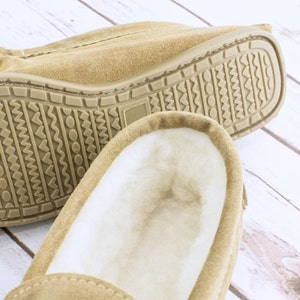 British Suede and Lambswool Handmade Moccasin Slippers in Beige image 5