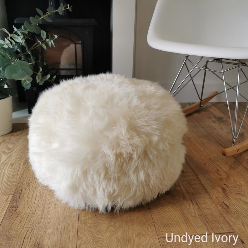 Handmade British Ivory Sheepskin Pouffe for Luxury Home Decor image 1