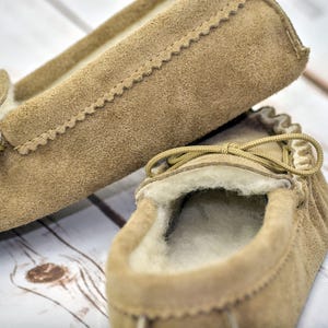 British Suede and Lambswool Handmade Moccasin Slippers in Beige image 6