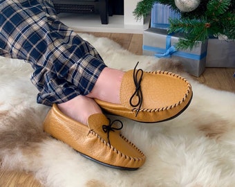 Handcrafted British Leather Moccasins With Fabric Inner