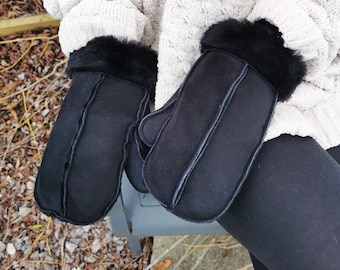 Handmade Ladies British Made Chestnut & Black Sheepskin Mittens Seamed Style