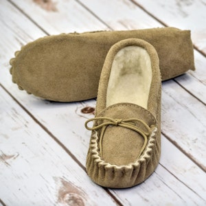 British Suede and Lambswool Handmade Moccasin Slippers in Beige