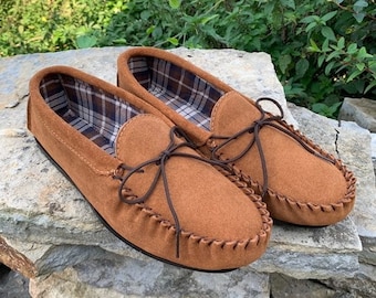 Handcrafted British Chestnut Suede Moccasins With Fabric Inner - Size 6,7 & 12 only