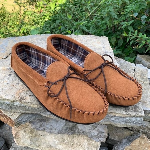 Handcrafted British Chestnut Suede Moccasins With Fabric Inner - Size 6,7 & 12 only