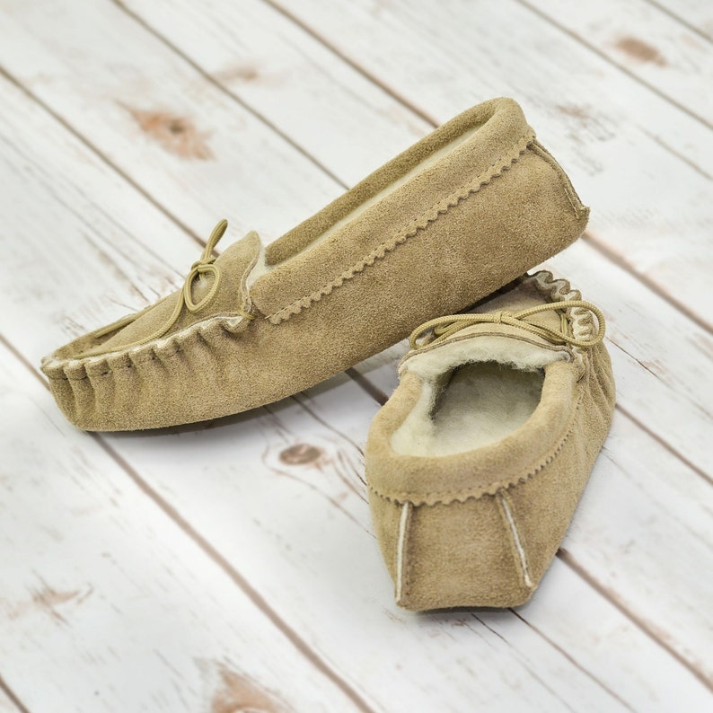 British Suede and Lambswool Handmade Moccasin Slippers in Beige image 2