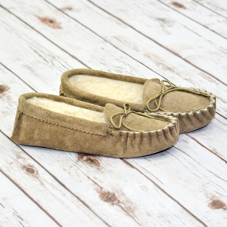 British Suede and Lambswool Handmade Moccasin Slippers in Beige image 3