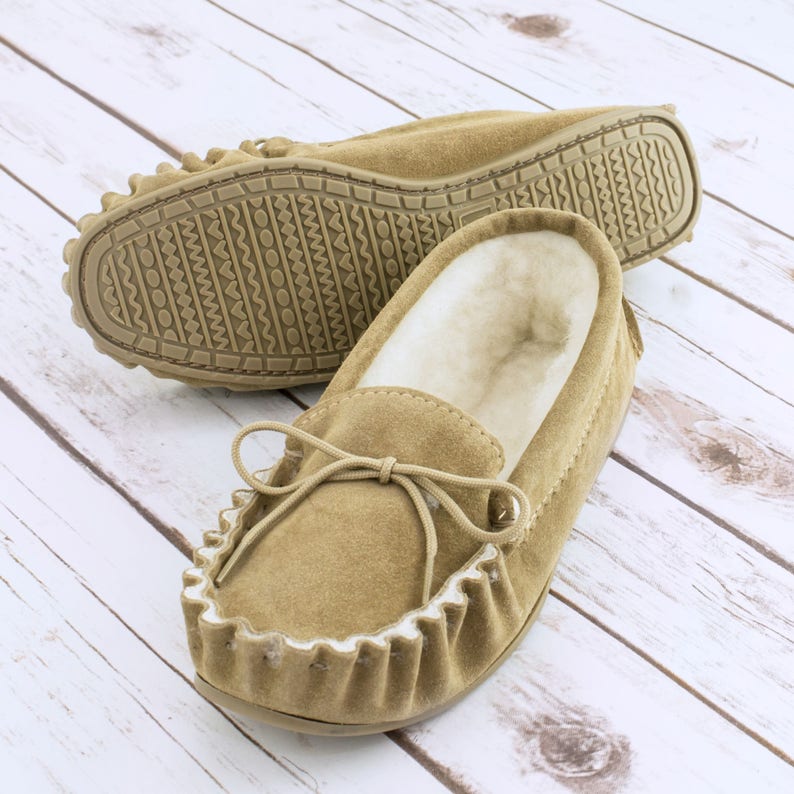 British Suede and Lambswool Handmade Moccasin Slippers in Beige image 4