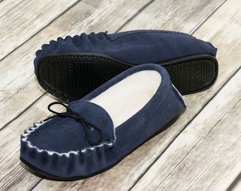 British Suede and Lambswool Handmade Moccasin Slippers in Navy