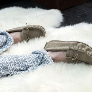 British Suede and Lambswool Handmade Moccasin Slippers in Beige image 9