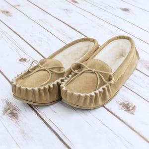 British Suede and Lambswool Handmade Moccasin Slippers in Beige image 7