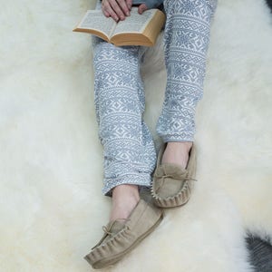 British Suede and Lambswool Handmade Moccasin Slippers in Beige image 10