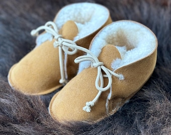 Handmade British Toddler Sheepskin Booties - Handmade in Tan