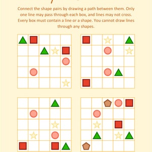 Puede incluir: Una hoja de trabajo imprimible con el título "Shape Connect" e instrucciones para conectar pares de formas dibujando un camino entre ellas. La hoja de trabajo presenta una cuadrícula con varias formas, incluidos triángulos, estrellas, círculos, cuadrados y un pentágono.