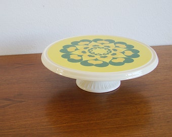 Tortenplatte Kuchenplatte mit Fuß Herbolzheim Keramik Kuchenteller weiß grün gelb rund vintage Keramik 50er 60er Nierentisch space age Küche