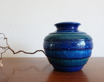 Bitossi vase 16 cm blue turquoise rimini blue Italy ceramic Cer Paoli Aldo Londi collector midcentury design vintage kidney table space age
