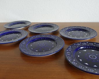Arabia Valencia 6 cake plates, blue and white, Ulla Procope ceramics, Finland, 1960s/70s, Scandinavia, collector's tableware, kitchen, coffee, tea