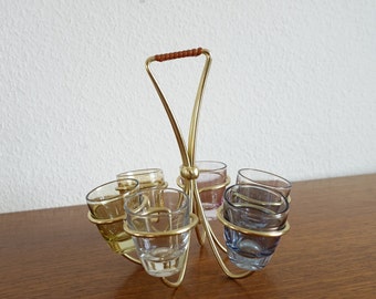 6 verres à shot en laiton stand verre or rose jaune années 50 60 vintage midcentury rockabilly rein table space age