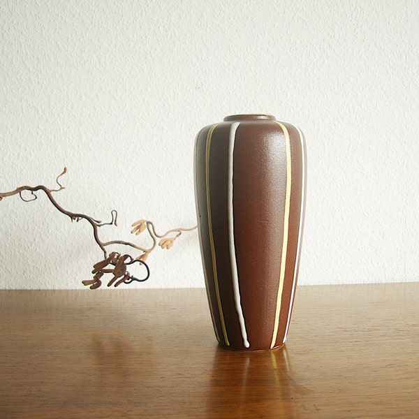 Jasba Vase Udine 594 brown stripes white yellow ceramic 50s 60s striped vintage midcentury collector West Germany W.-Germany fat lava decoration
