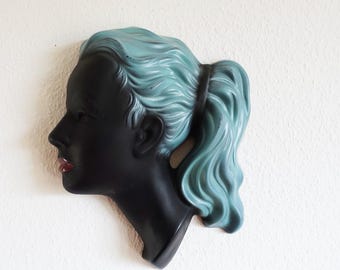 Cortendorf wall mask woman lady black blue red lips form 3408 50s 60s wall decoration rockabilly midcentury vintage kidney table space age