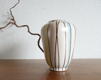 VEB Haldensleben vase form 3275 beige yellow blue striped GDR fat lava 50s 60s vintage kidney table space age midcentury West Germany