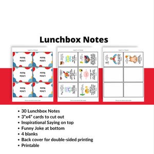 30 notas para loncheras para niños con frases inspiradoras y chistes. Imprimibles. Más de 30 tarjetas. 7 páginas en formato carta de EE. UU.. 6 tarjetas por página, incluido el reverso.