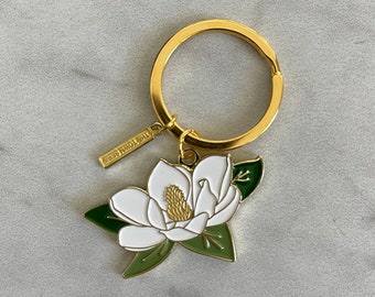 Brass and Enamel Magnolia Keychain | Flower Keychain | Southern Flower Keychain