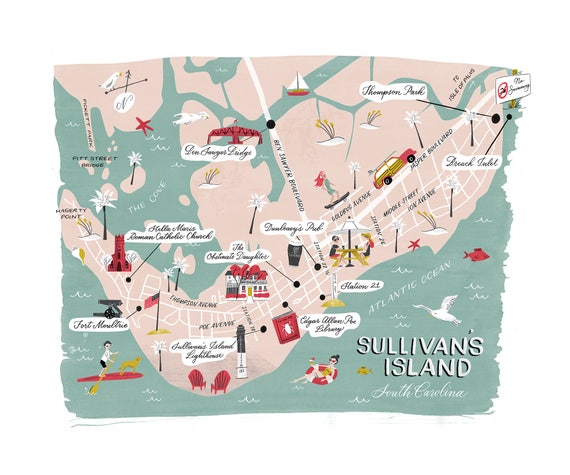 Map Of Sullivan S Island Sc The Charleston Collection Sullivan's Island Map Fine | Etsy