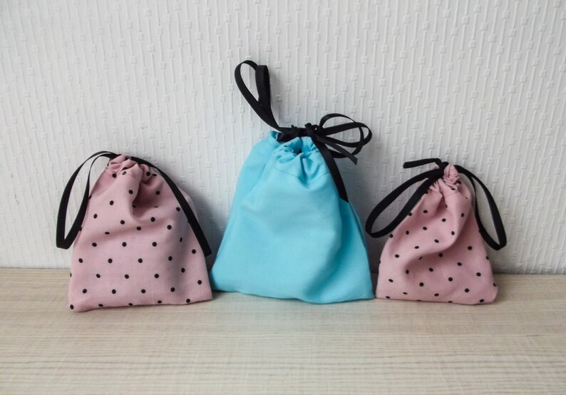 cute gifts lined with a satin drawstring gift wrapping set blue pink cotton Small Fabric Gift Zero Waste Bag Set of 3 pieces