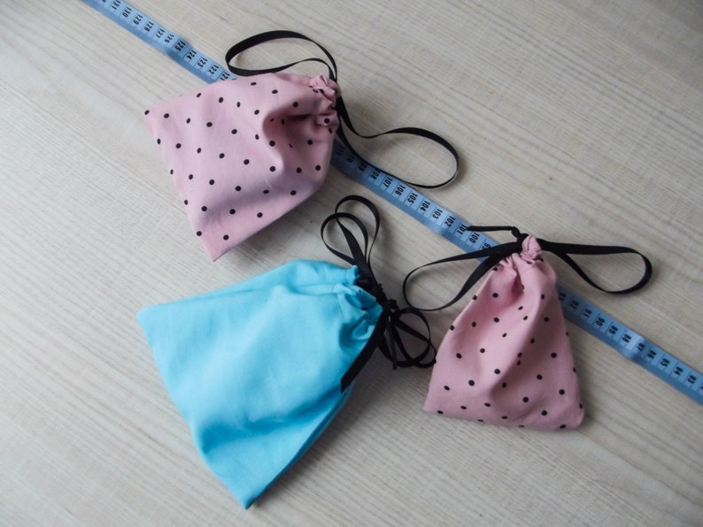 cute gifts lined with a satin drawstring gift wrapping set blue pink cotton Small Fabric Gift Zero Waste Bag Set of 3 pieces