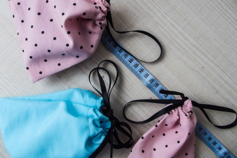 cute gifts lined with a satin drawstring gift wrapping set blue pink cotton Small Fabric Gift Zero Waste Bag Set of 3 pieces