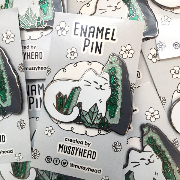 Crystal Cat Glitter Enamel Pin | Gifts for cat lovers | White Emerald Cat, Geode, Witchy vibes