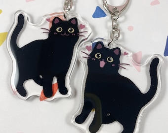 黒猫アクリルキーホルダー || 両面キーホルダー || 猫好きへのギフト、魔女風キーホルダー、ハウスパンサー、かわいい猫、カワイイキーホルダー