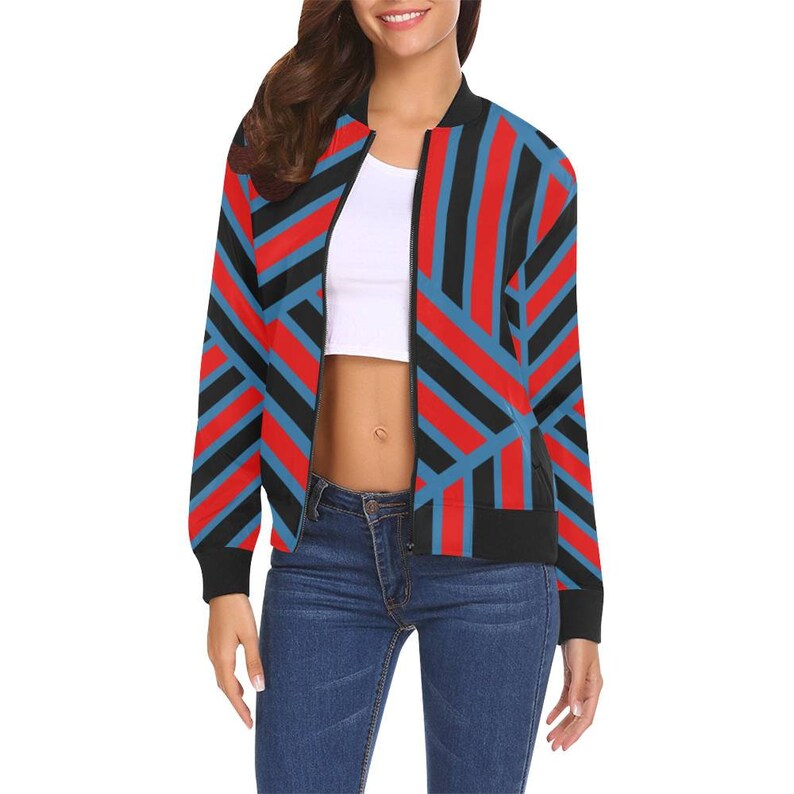 Blue /& Black Geometric Womens Bomber Jacket Red