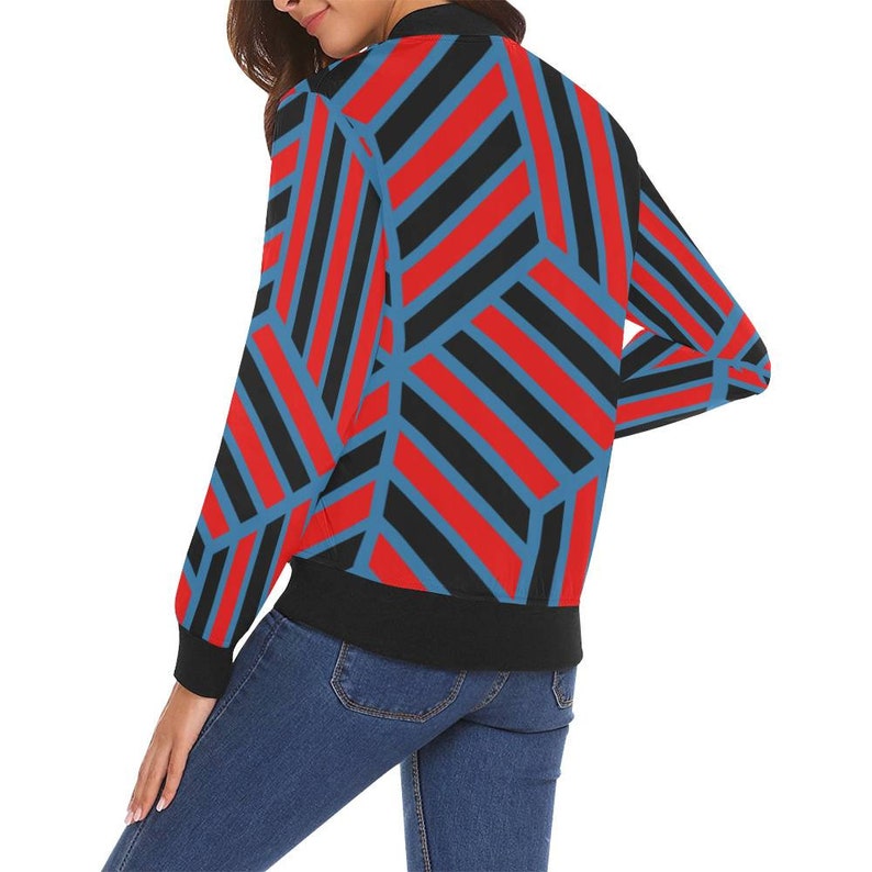 Blue /& Black Geometric Womens Bomber Jacket Red